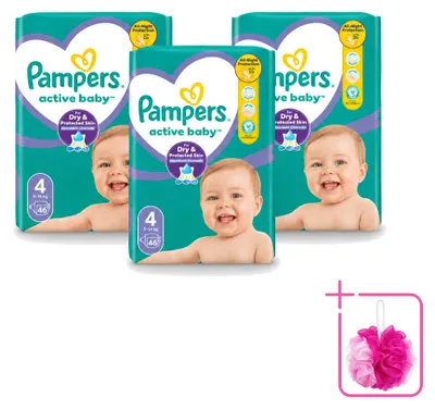 Zdjęcie produktu dla 3 sztuki pieluch dla niemowląt Pampers Active Baby, rozmiar 4, 9–14 kg – opakowanie ekonomiczne