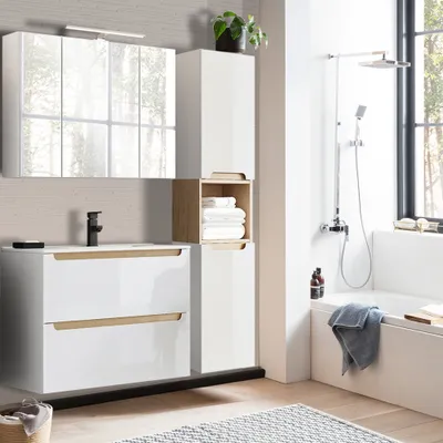 Produktbild von Badmöbel Set Hochglanz weiß mit Trüffel-Buche SOFIA-107 80cm Keramik-Waschtisch & LED-Spiegelschrank, B/H/T ca. 130/200/46 cm