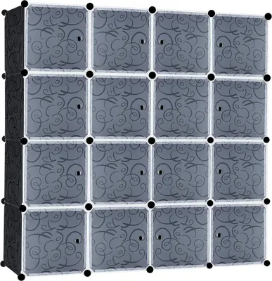 Produktbild von TWOLIIN DIY Regalsystem Kleiderschrank aus Kunststoff Steckregal Kleiderschrank Garderobenschrank Schuhregal Kunststoffboxen, 16 Boxen mit Tür, Schwarz mit Muster