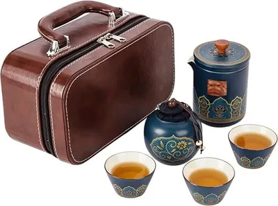 Image de ASKSA Service à thé de voyage portable avec valise, Mini-théière en porcelaine, 3 tasses à thé et 1 boîte à thé, bleu