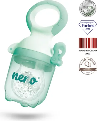 A baby food feeder with several awards and certifications displayed on the right side.