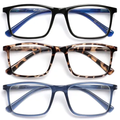 Produktbild von OPULIZE INK Lesebrille für Damen und Herren, großer rechteckiger Rahmen mit Federscharnieren & kratzfest, Schwarz/Braun, Schildpattblau, +1 (3 Stück)