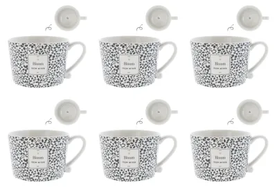 Produktbild von 6er Set Tassen, Becher BLOOM weiß mit schwarzem Blumenmuster Bastion Collections