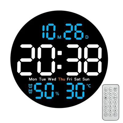 Produktbild von Digitale Wanduhr 25,5 cm mit LED-Anzeige, Fernbedienung, digitalem Wecker, automatischer Helligkeitsanpassung & Sommerzeitanzeige