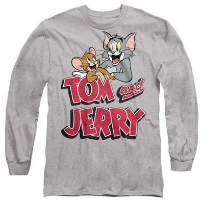Obrázek produktu pro Tričko s potiskem "Tom a Jerry - Leaning With Logo", uni, dlouhý rukáv, model TV38041 (velikost L), barva: sportovní heather, Obrázek vytvořený pomocí AI
