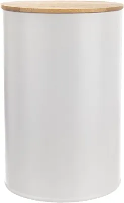 A white cylindrical storage container with a wooden lid.