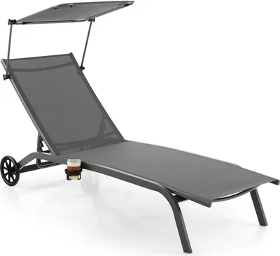 Produktbild von GOPLUS Sonnenliege mit Dach, Gartenliege Liegestuhl mit Rollen & Getränkehalter, Rücklehne 6 stufig verstellbar, bis zu 150kg , 165x61x96cm (Grau)