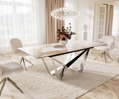 Produktbild von DELIFE Esstisch Edge 180-220x100 Keramik Minas Melange Weiß-Beige Spider Flachstahl Edelstahl ausziehbar