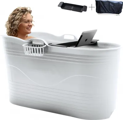 Produktbild von HelloBath® - Bath Bucket XL (Komfort) - Hellgrau - 125cm, Sitzbad für Erwachsene, Eisbad + 3m Abflussschlauch, Wannenbrett, Wasserhahn, Schutzhülle