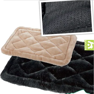 Two dog cushions, one beige and one black, are shown stacked on top of each other. A close-up inset shows the textured underside of a cushion.