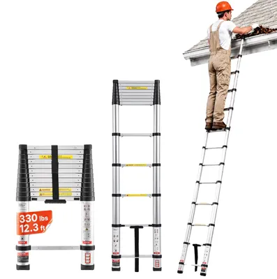 Obrázok produktu pre VEVOR teleskopický rebrík 3740 mm, hliníkový skladací rebrík s jednorukým zasúvaním, viacúčelový rebrík, nosnosť do 150 kg, stojací rebrík, domáci rebrík, vonkajší rebrík, pre dom, záhradu a podkrovie