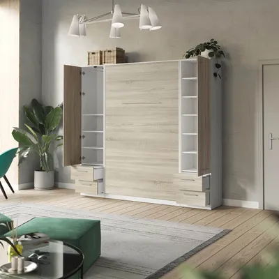 Produktbild von SMARTBett Wohnwand  Set mit Schrankbett Standard 140x200 Vertikal + 2 x 50-Schränke Weiß/Eiche Sonoma