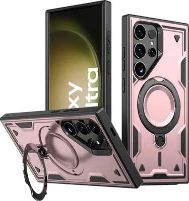 Obrázek produktu pro Dvouvrstvé pouzdro pro Samsung Galaxy S23 Ultra, magnetické vojenské ochranné pouzdro s kovovým kroužkem a stojánkem Růžový