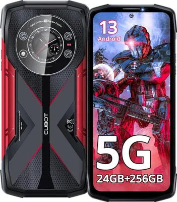 A product image showing a rugged smartphone with its screen displaying a futuristic warrior and text.
