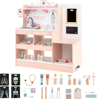 Produktbild von GOPLUS Krankenhaus Spielzeug aus Holz, Arzt Spielzeugset mit Stethoskop, Röntgenfilm, 24 medizinischen Zubehör, Doktor Spielset für Kinder (Rosa)