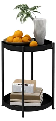 Produktbild von Runder Beistelltisch mit 2 Ablagen, Wohnzimmertisch aus Stahl, Nachttisch, Sofatisch, Kaffeetisch für Wohnzimmer und Schlafzimmer 44 x 44 x 56 cm Schwarz