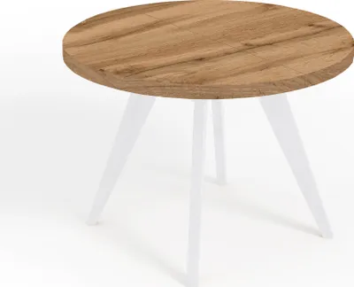 A round wooden table with white legs on a white background.