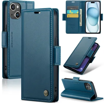 Produktbild von iPhone 15 Hülle, Leder Brieftasche Kartenfach Schutzhülle mit Standfunktion für iPhone 15 Blau
