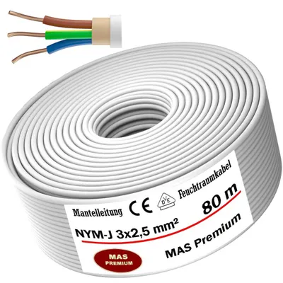 Zdjęcie produktu dla Kabel odporny na wilgoć Kabel zasilający w osłonie 80 m NYM-J 3x2,5 mm² Kabel elektryczny