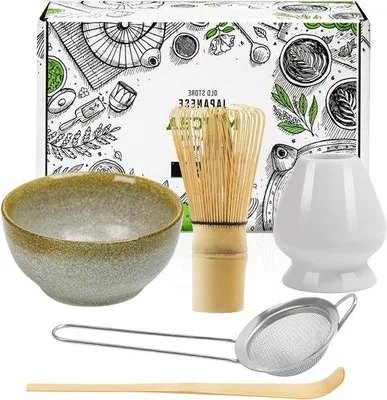 Produktbild von Famanu Matcha Set 5-teilig - Traditioneller Matcha Besen, Halter, Löffel, Sieb, Keramische Schale