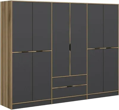 Produktbild von Großer Kleiderschrank Alrai, Schlafzimmermöbel, Schrank, Garderobe, 277x52 h208 cm, Schwarz und Nussbaum\