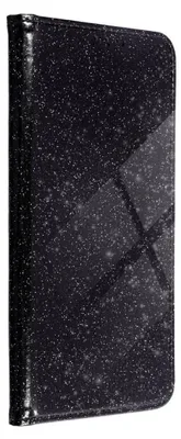 A black glittery phone case is shown against a black background.