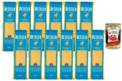 Produktbild von Italian Gourmet De Cecco Capellini Nr. 9, Italienische Pasta aus Hartweizengrieß, extra feine Nudeln Angel Hair, 2 Min Kochzeit, langsam getrocknet, leichte Saucen 12x 500 g + Italian Gourmet polpa