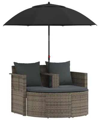 Produktbild von vidaXL Gartenbett mit Sonnenschirm Grau Poly Rattan