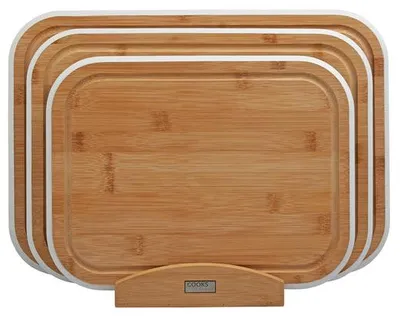 Produktbild von Cooks Professional 3-teiliges Bambus-Schneidebrett-Set mit Aufbewahrungsständer | Weiße Kanten