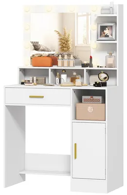 Produktbild von Schminktisch mit Spiegel und 10 verstellbaren LED-Leuchten, Schublade, Schrank und offenen Regalen, 80 x 40 x 135 cm, wei?