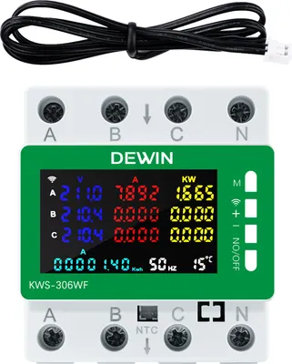 Obrázek produktu pro TUYA WiFi multifunkční elektroměr 3-fázový 4vodičový 80A, LCD displej, ochrana proti přepětí, ochrana proti podpětí, ochrana proti nadproudu, ochrana proti přetížení, ochrana proti nevyváženosti napětí, ochrana proti nevyváženosti proudu, KWS-306WF - šedý/bílý, 220VAC