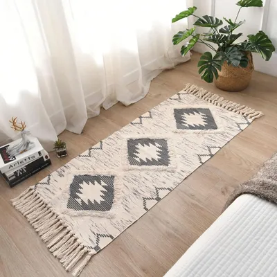 Boho-Baumwollteppich, waschbar, grau, 60 x 130 cm