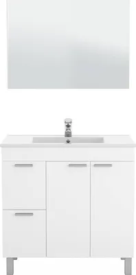 Produktbild von Unterschrank Lakewood, Badezimmerschrank, Kleiderschrank mit 2 Türen und zWeißchubladen mit Spiegel, Waschbecken nicht enthalten, 80x45h80 cm, Glänzend Weiß