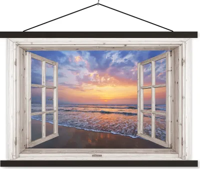 Produktbild von MuchoWow® Textilposter Aussicht - Meer - Strand - Sonnenuntergang - Blau 60x40 cm mit schwarzem Rahmen - Hölzernes