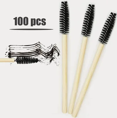 Zdjęcie produktu dla 100 sztuk jednorazowych szczoteczek do rzęs jednorazowa drewniana rączka różdżki do tuszu do rzęs pędzel do makijażu przedłużania rzęs czarny