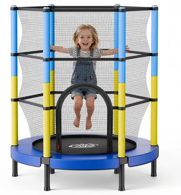 Produktbild von VEVOR Trampolin Mini für Kinder mit 60 kg Tragkraft Sicherheitsnetz 140 cm, Gartentrampolin Outdoor/ Indoor, Ideales Weihnachts- oder Geburtstagsgeschenk für Mädchen und Jungen, Blau Gelb
