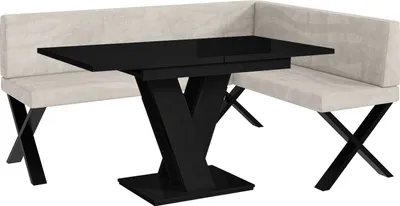 Produktbild von MEBLINI Eckbank für Esszimmer mit ausziehbarem Tisch  - Küchenbank - Essecke - Sitzecke Küche - TONI - X-Beine 128x168x87cm Rechts - Beige Samt/M Schwarz Hochgl.