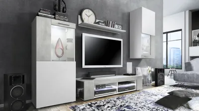 Produktbild von Vladon Wohnwand Movie, Anbauwand bestehend aus 1 TV-Board, 2 Vitrinen und 1 Regal, Weiß matt/Weiß matt/Beton Oxid-Optik, inkl. LED Beleuchtung weiß (Gesamt: 300 x 190 x 39 cm)