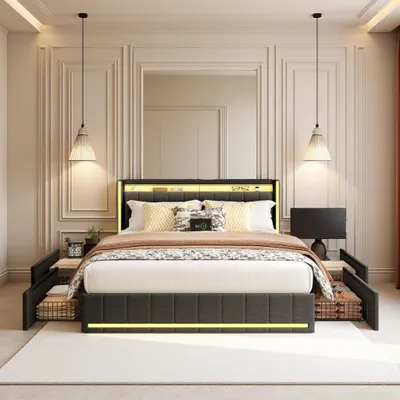 Zdjęcie produktu dla Łóżko INONEFT, wymiar 160x200 cm, z pojemnikiem na pościel, 4 szufladami, tapicerowane łóżko z oświetleniem LED, z portami typu C i USB, obicie z lnu, kolor ciemnoszary, bez materaca