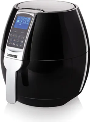 A black and silver digital air fryer is shown against a white background.
