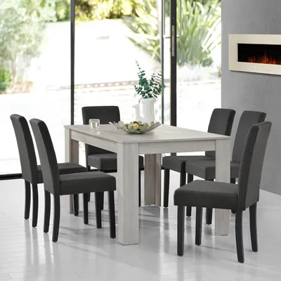Obrázok produktu pre [en.casa] Jedálenský stôl (dub) so 6 jedálenskými stoličkami v tmavosivej farbe - 140x90cm
