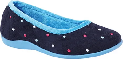 A single navy blue ballet flat slipper with a light blue trim and sole, decorated with scattered pink, white, and light blue polka dots.