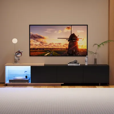 Produktbild von UnboxG Modern TV-Schrank 180 cm, ausziehbar 163–240 cm, LED-Sensorlicht 3 Farben, Rebound-Schubladen, Kabeldurchführung, Braun/Schwarz