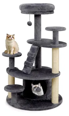 Produktbild von Katzenbaum klein aus Holz mit Höhle, Ball, Leiter, Plattformen und Kratzsäulen, Aktivitätsbaum für Katzenmöbel, Katzenturm (Grau)