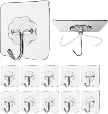 A collage showing clear adhesive hooks. One hook is shown individually, another is shown from the side attached to a surface, and a row of multiple hooks is displayed below.