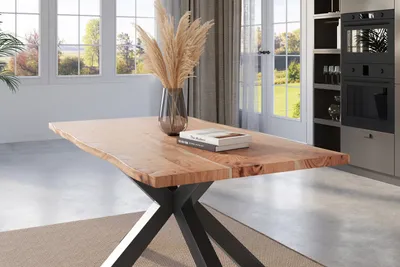 Produktbild von Esstisch Baumkante 140 x 80 cm Akazie natur massiv Spider-Gestell schwarz KALEA