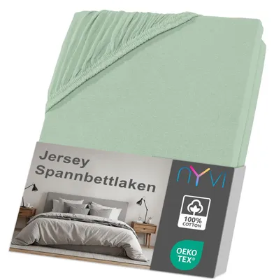 Produktbild von NYVI Jersey Spannbettlaken DreamScience 180x200 - 200x200 cm eukalyptus für Matratzen bis 22 cm Höhe - Weich & Anschmiegsam, Rundumgummizug, Bügelfrei