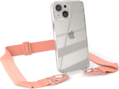 Produktbild von EAZY CASE - Hülle mit Band für Apple iPhone 13 Mini, Handyhülle mit Umhängeband, Silikonhülle transparent, Handykette in Orange