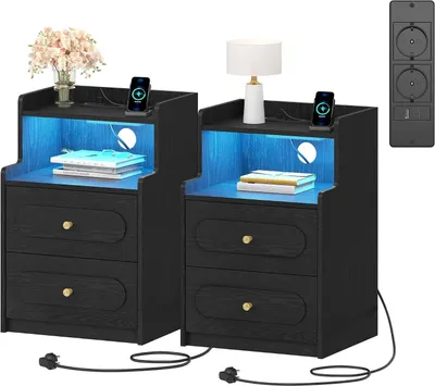 Image de Ensemble de tables de chevet - Tables d'appoint - Charge et rangement - Avec éclairage LED - 35x40x59 cm - Noir
