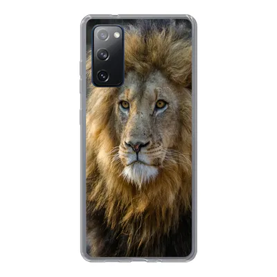 A close-up portrait of a lion's face on a phone case.